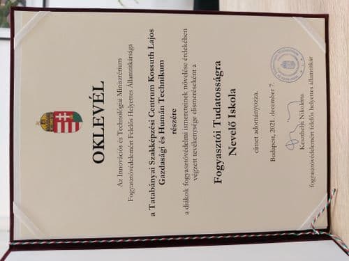 Fogyasztói Tudatosságra Nevelő Iskola Kossuth 2021. oklevél